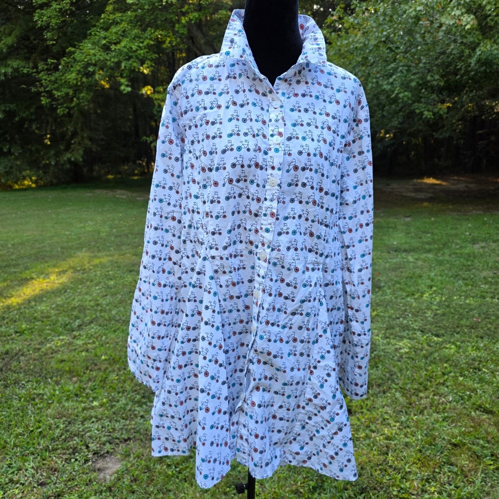 TULIP Womens M White Cotton Bicycle Print Tunic Lagenlook Rich Aunty Art to Wear